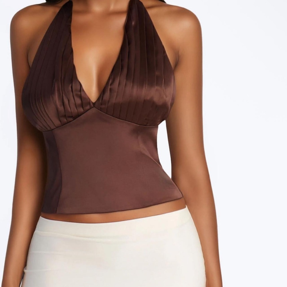 Fashion Nova Brown Satin Pleated Halter Crop Top Chocolate XS